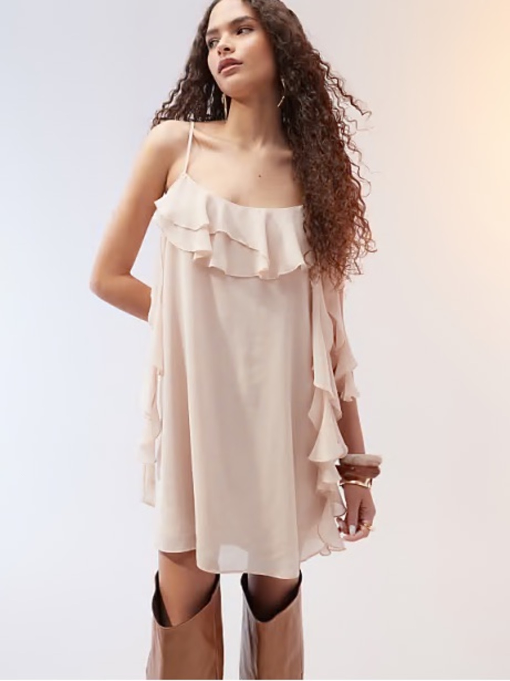 Ruffle-Trim Blush Spaghetti Strap Mini Dress